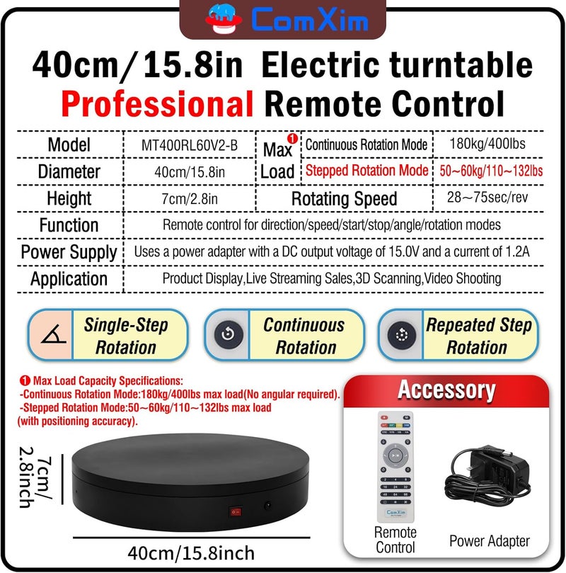 ComXim 15.8In Remote Motorized Electric Turntable Rotating Display Stand Rotating Platform Photography Turntable motorized lazy susan base giratoria para for Photography,3D Scanner,(Load Range:132~400lbs) - Image 2